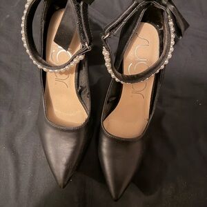 Sugar Black Pointed Pearl-Ankle Mary Jane Heels